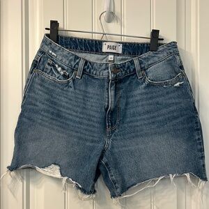 PAIGE Sarah Longline Blue Distressed Jean Shorts Raw Hem
